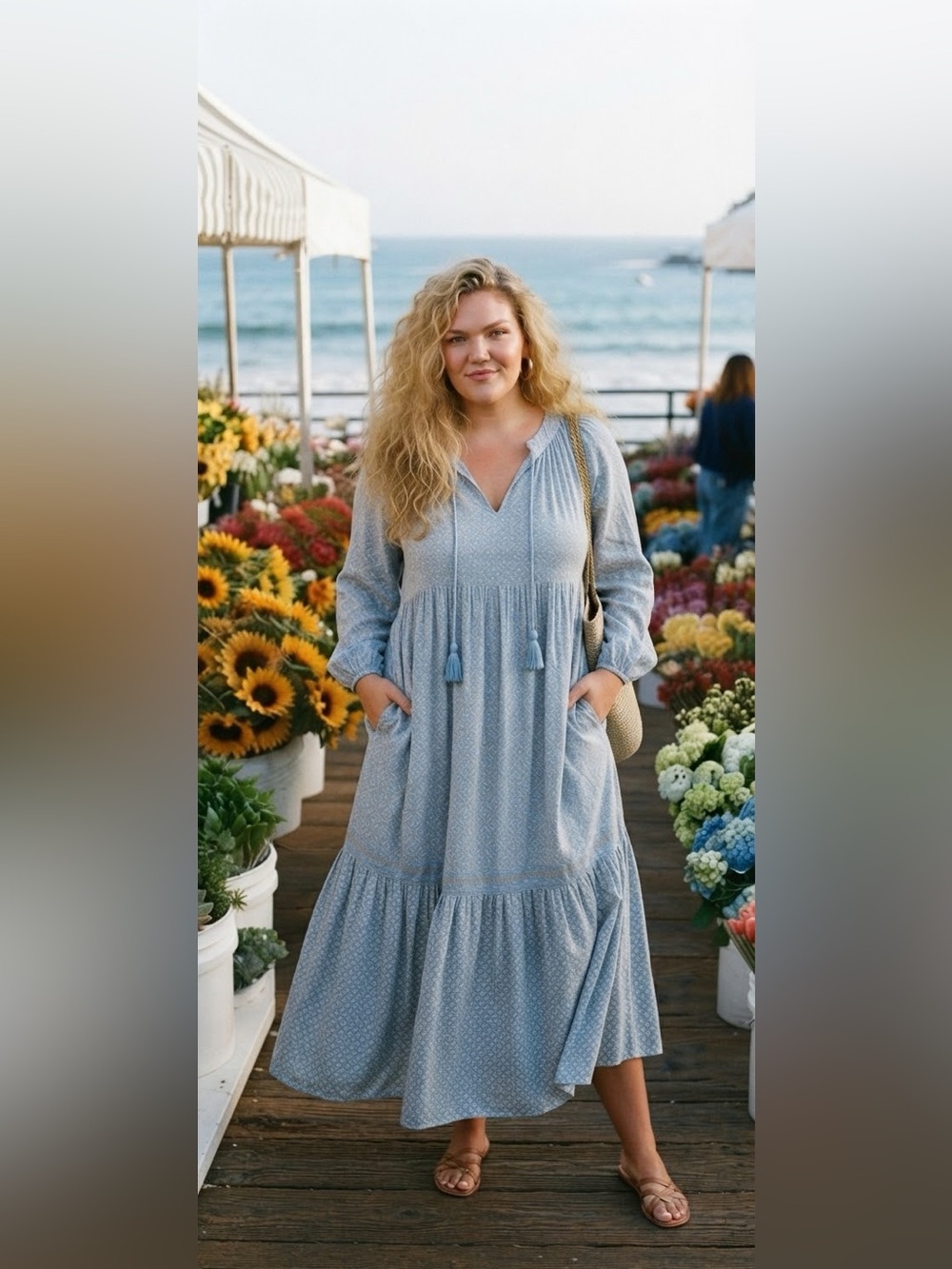 Boho Wonderly Blue Cottage Core Midi Dress with Pockets , Size XXL